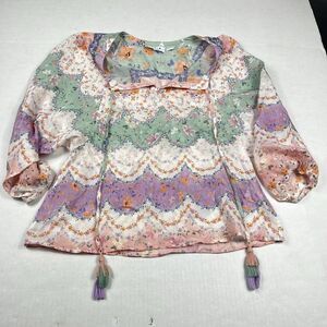Laia Pastel Boho Blouse Lightweight Silk Blend Tassel Hem Peasant Top Small
